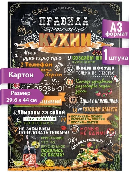 Интерьерный постер Правила кухни декор на стену А3