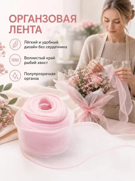 Флористическая лента из органзы с кордом, кремовый, для упаковки подарков и букетов