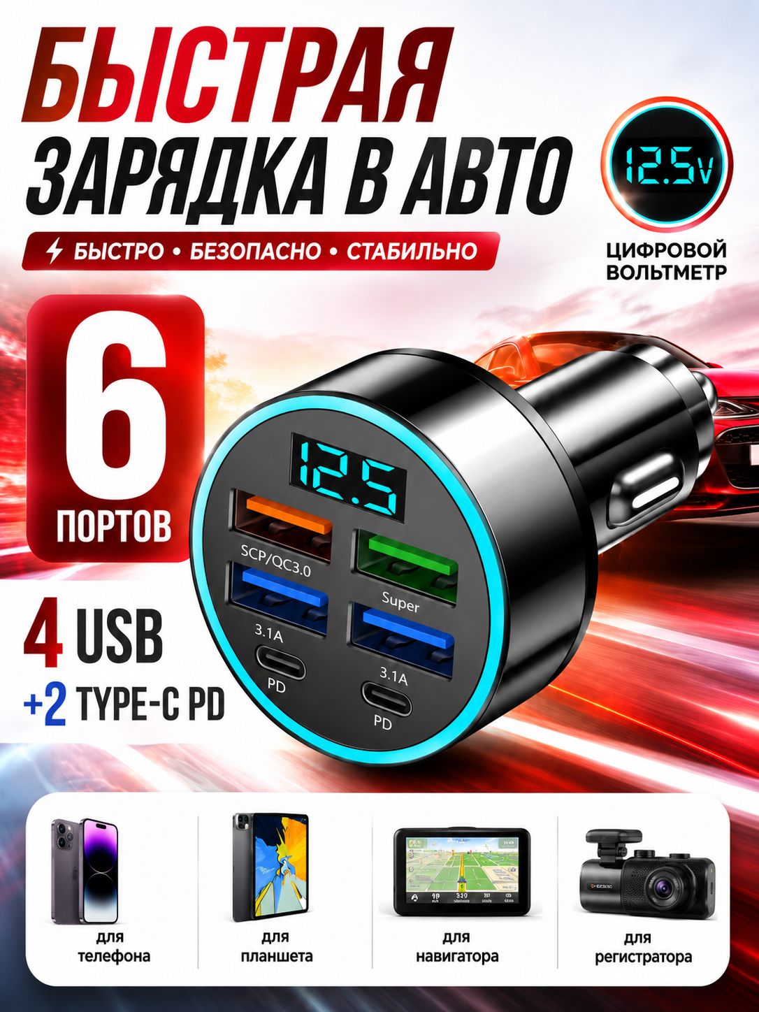 Автомобильная зарядка в прикуриватель 4 USB + 2 Type-C PD с вольтметром, Разделитель гнезда прикуривателя для сигарет,быстрая зарядка для телефона, адаптер в авто 12V/24V