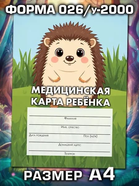 Медицинская карта 026/у-2000 Аурасо, медкарта в детский сад, школу и поликлинику, амбулаторная, большая, размер А4