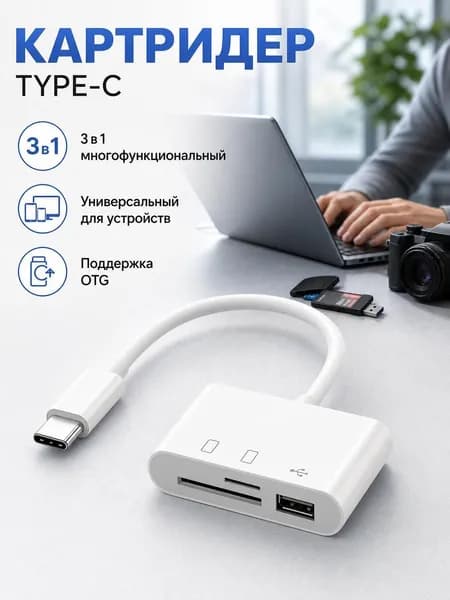 Белый картридер с тайпси 3 в 1 для сд и микросд, отг, телефон, пк как флешка