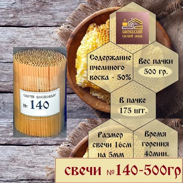Калужский Свечной Завод Свечи церковные "Пчелиный воск", 16 см х 0.5 см, 175 шт