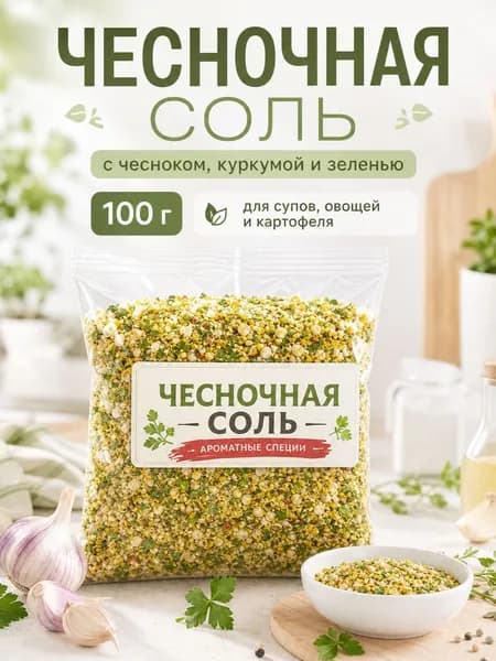 Чесночная соль 100 г, соль с чесноком и специями, натуральная приправа для супов, картофеля, овощей и соусов