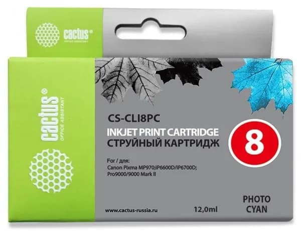 Струйный картридж Cactus CS-CLI8PC (CLI-8PC) светло голубой для Canon Pixma iP4200, iP4300, iP4500, iP5100, iP5200, iP5300, iP6600, iP6700, iP7500, iP7600, MP500, MP600, MP610, MP800, MP810, MP950, MP970, MX850, PRO-9000 (12 мл)