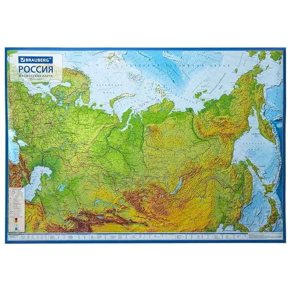Настенная карта Карта России физическая 101х70 см, 1:8,5М, с ламинацией, интерактивная, европодвес, материал мелованная бумага, плотность 170 г/м2
