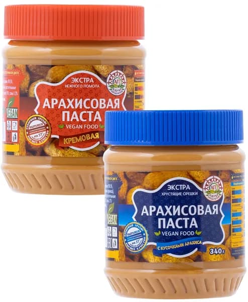 Арахисовая паста Кремовая, с кусочками Арахиса 340 г * 2 шт
