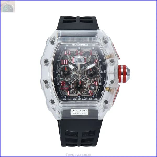 Мужские многофункциональные кварцевые часы Richard Mille с прозрачным корпусом 43 мм