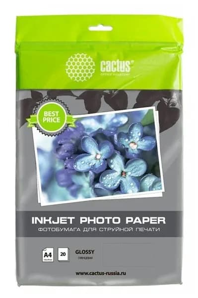 Фотобумага Cactus, A4, для струйной печати, 20л, 130г/м2, белый, покрытие глянцевое (CS-GA413020ED)