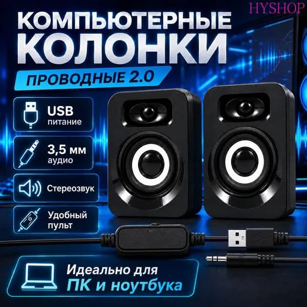 Колонки для компьютера 2.0, 6 Вт, AUX 3,5 мм, питание от USB, чёрные
