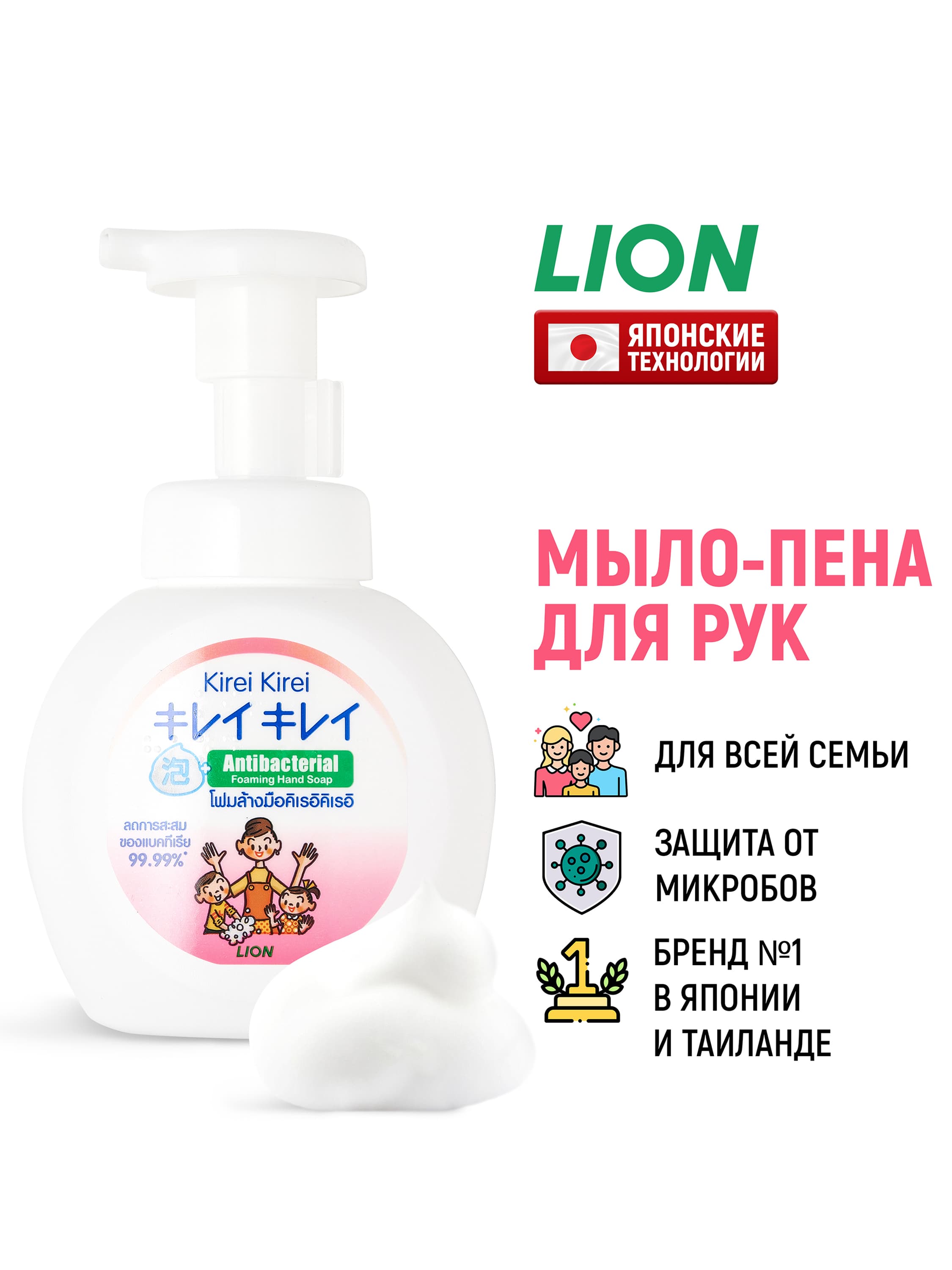 LION Мыло-пенка для рук Kirei Kirei "Воздушное" антибактериальное / Жидкое пенное мыло с дозатором / Японские технологии - 250 мл