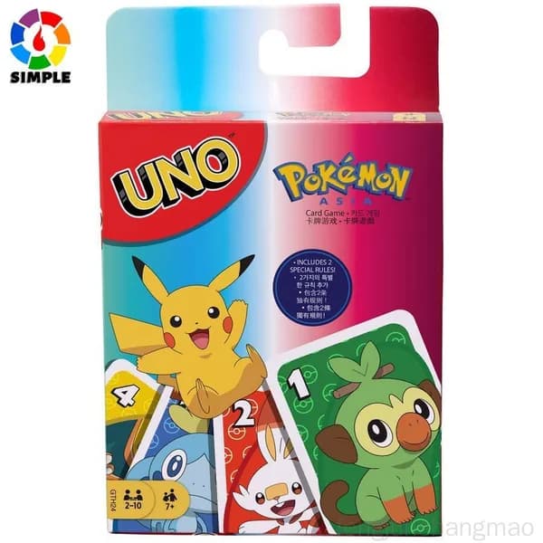 Популярный набор карт для покера от UNO Games, Mattel, созданный по мотивам Pokemon Sword & Shield, применяемый в семейном досуге.