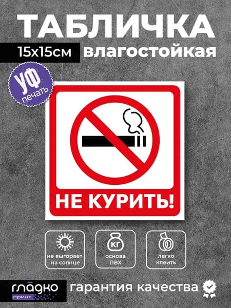 Табличка НЕ КУРИТЬ (15x15 см) / Уличная / Пластик 0,2 мм с УФ-ПЕЧАТЬЮ.