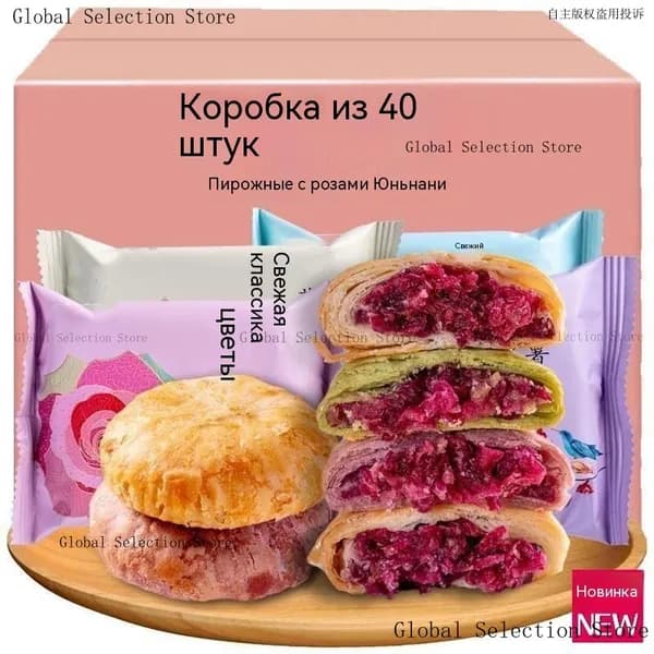 Цветочные пирожные, ассорти вкусов с розовой начинкой, 4 штуки, общий вес 100 г