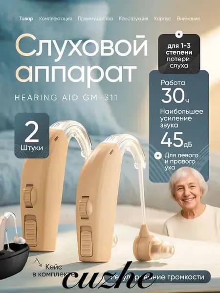 Слуховой аппарат заушный Hearing Aid GM-311 для слабослышащих, пожилых с зарядным устройством 2шт. в удобном кейсе, сменные насадки с кабелем для зарядки в комплекте / Усилитель слуха