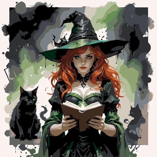 Цифровая раскраска Green Witch Grimoire с чёрной кошкой, 40 40 см, без рамки
