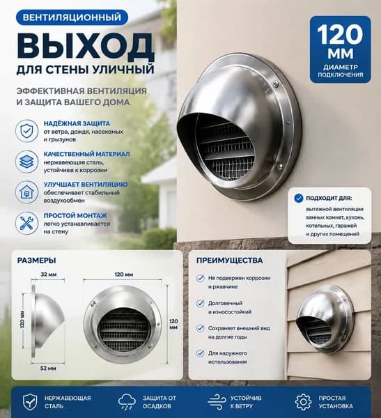 Выход стенной уличный Клапан вентиляционный 120 мм
