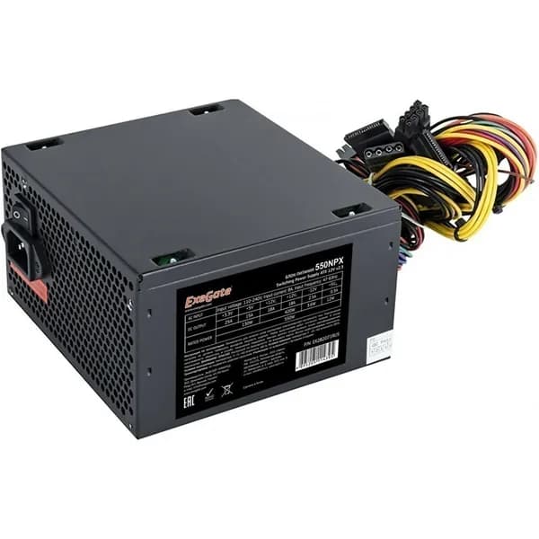 ExeGate EX282071RUS-PC Блок питания 550W 550NPX (ATX, PC, 12cm fan, 24pin, 2x(4+4)pin, 2xPCI-E, 5xSATA, 3xIDE, black, кабель 220V в комплекте 1,8м)