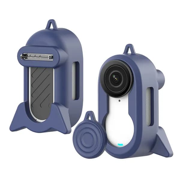 Чехол для Insta360 GO3S и GO3 из силикона тёмно-синего цвета с креплением-брошью и опорой для вертикальной установки