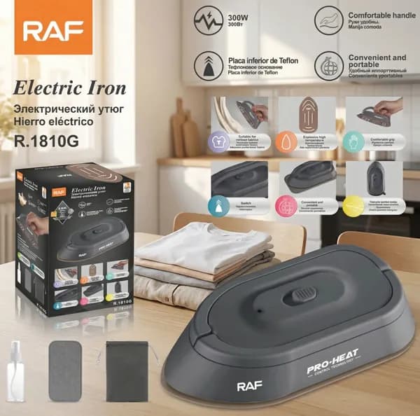 RAF PRO-HEAT Портативный утюг: Легкий спутник в путешествиях, всего 0.5 кг, тефлоновая подошва, быстрый нагрев 300 Вт