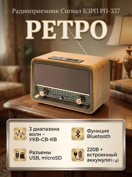 Радиоприемник БЗРП РП-337, ретро радио, Bluetooth, работа от сети и аккумулятора, УКВ УКВ 88-108МГц, USB, microSD, AUX, 5 Вт, 220В + встроенный аккумулятор