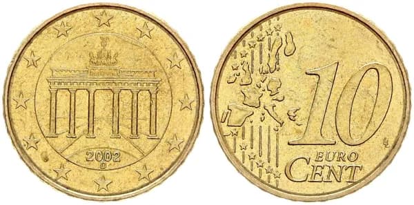 Германия ФРГ 10 Евроцентов 2002 D год KM# 210 Бранденбургские ворота