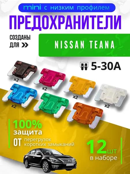 Предохранители для Ниссан Теана (Ниссан Тиана (Nissan Teana) / автомобильный набор Мини с низким профилем, 12 штук с пинцетом / флажковые 5-30 А