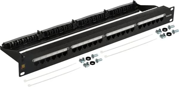 Патч-панель Патч-панель 19", 24 порта RJ45, неэкранированная, кат.6, 1U, с задним органайзером с фиксаторами кабеля Патч-панель 19", 24 порта RJ45, неэкранированная, кат.6, 1U, с задним органайзером с фиксаторами кабеля