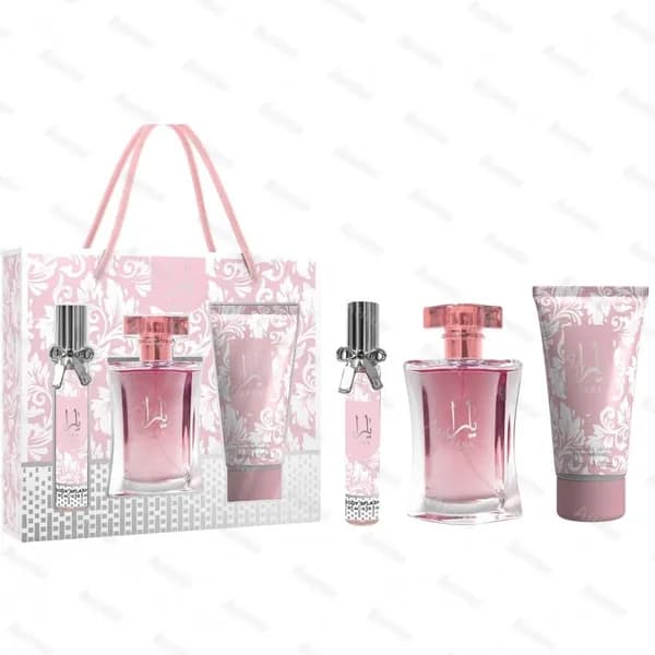 Комплект духов из 3 предметов: Body Splash, парфюм и лосьон для тела Yara розовый с серебряным бантом