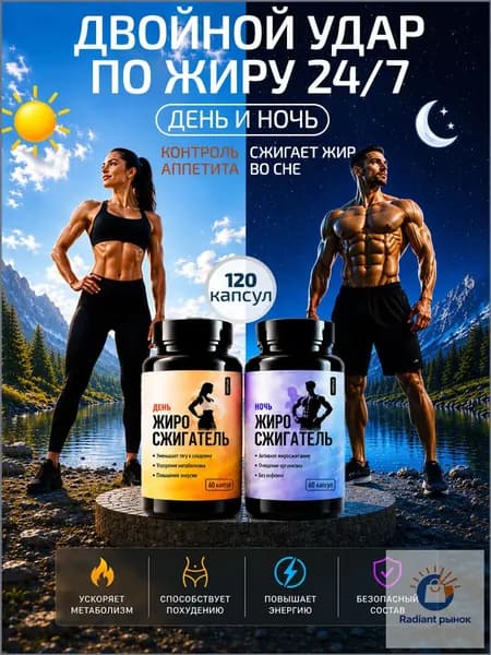 Жиросжигатель для похудения сильный, капсулы День Ночь, эффективное снижение веса и контроль аппетита, блокатор калорий с L-карнитином и кофеином, 60 шт