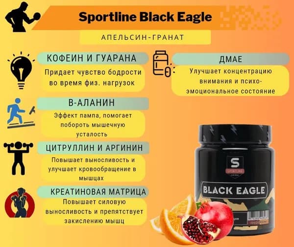 SportLine Nutrition / Предтренировочный комплекс Black Eagle "Апельсин-Гранат" 240 г.