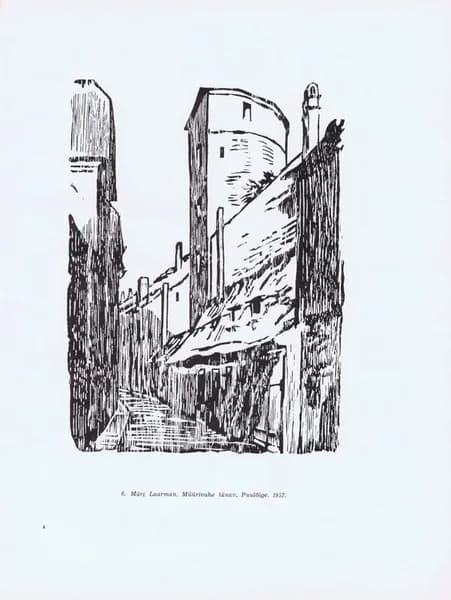 Эстония. Таллин (Таллинн). Улица Мюйривахе (вид 2). Мярт Лаарман. Антикварная цинкография. СССР, 1959 год