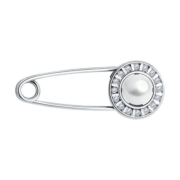 Diamant, Брошь из серебра с жемчугом и фианитами, 94-340-02641-1, булавки, 925 проба