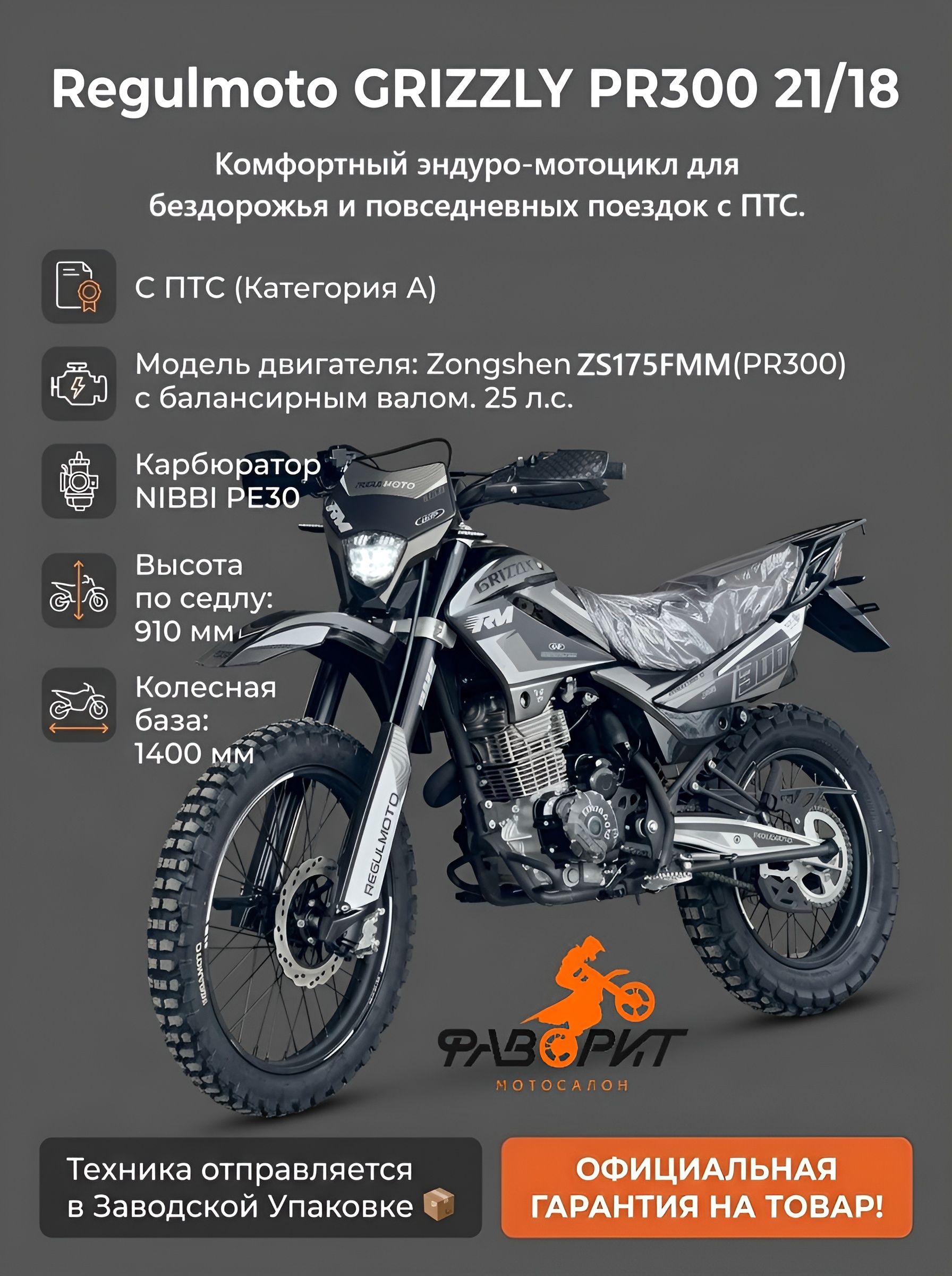Мотоцикл Regulmoto GRIZZLY PR300 21/18 (черный/серый)