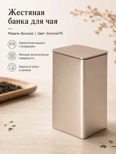 Банка для сыпучих продуктов "Квадратная металлическая чайница высокая золотая", 500 мл, 1 шт