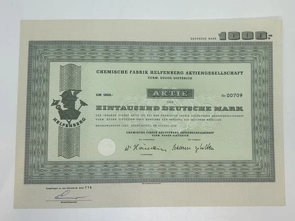 Акция Германия 1000 марок 1952 год АО Химическая фабрика Хельфенберг, бывш.Йюген Дейтерих №15