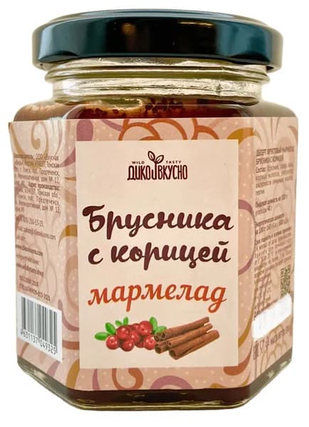 Ягодный мармелад Брусника с корицей (содержание ягоды 60%), 200 гр