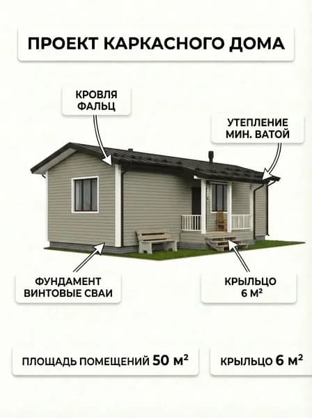 Проект одноэтажного каркасного дома 12х5 м