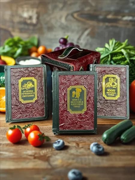 Набор книг в кожаном переплете и в кожаном портфеле "Самая вкусная и здоровая еда"