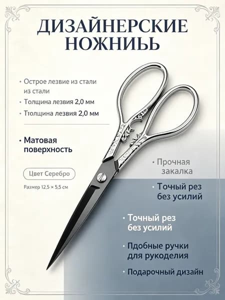 Ножницы для рукоделия винтажные с узором сливы: серебряные, для чая