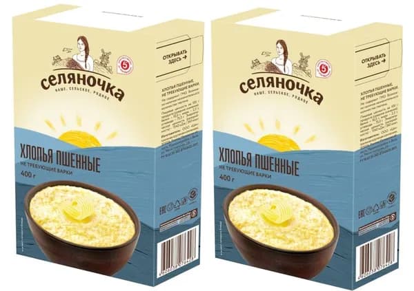 Хлопья Селяночка пшенные не требующие варки 400г, 2 шт