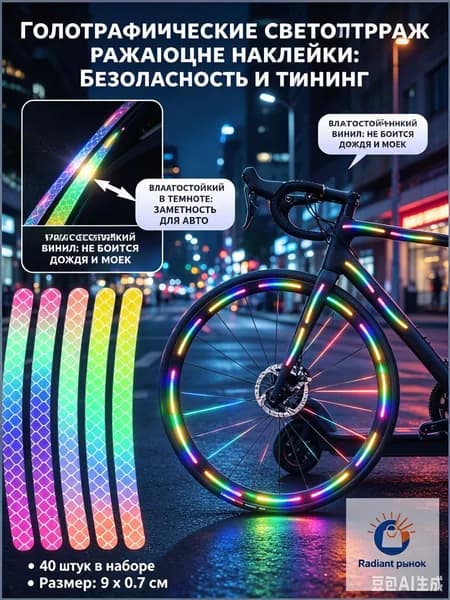 Светоотражающие наклейки на велосипед и самокат, голографический стикер на обод колеса, 9x0.7 см, 40 шт, для тюнинга.