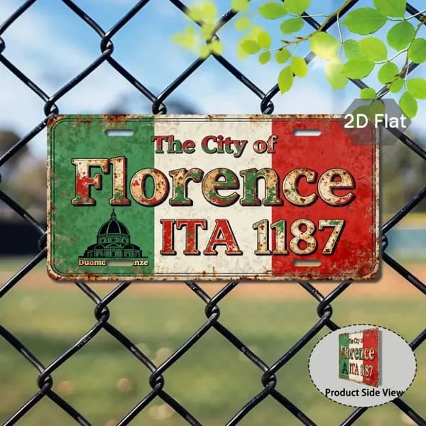 Табличка "The City of Florence ITA 1187", ретро стиль, металл, декор для любителя итальянской культуры, 15х30 см.
