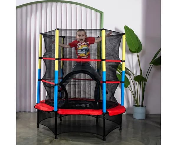 Батут каркасный DFC JUMP KIDS 55" красный с желто-синими стойками, детский, с внутренней защитной сеткой, уличный, для дома, дачи, детский манеж