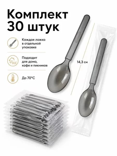 Ложки одноразовые пластиковые прозрачно-черные, в индивидуальной упаковке, 30 шт.