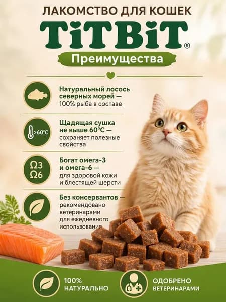 TITBIT, Лакомство для кошек, Кубики из лосося 60г