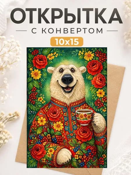 Открытка "Медведь" Народные росписи 1шт. Размер 10х15 в комплекте крафтовый конверт.