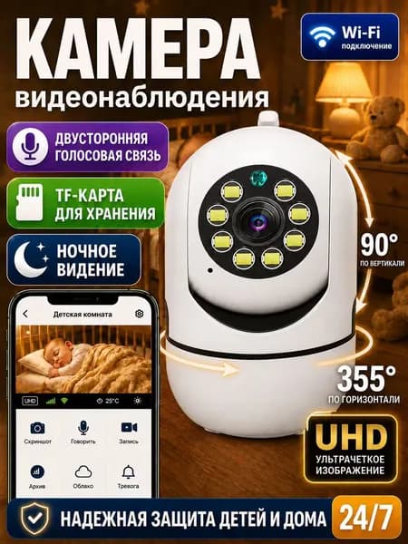 Kамера видеонаблюдения wifi для дома, белая внутренняя поворотная камера с детекцией людей и тревожными уведомлениями