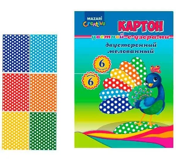 Цветной картон Mazari "Веселый", Павлин, двухсторонний мелованный, А4, 6 листов, 6 оттенков, в папке (M-16805)