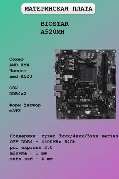 Biostar A520MH, AM4, DDR4, Материнская плата