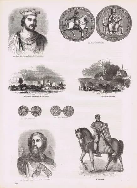 Старая Англия 101. Портреты королей Генриха III и Эдуарда I, монеты тех времен, Большая печать, мост в Ившеме, руины замка Кенилворт (Кенилуэрт). Антикварная гравюра (ксилография). Англия, 1864 год